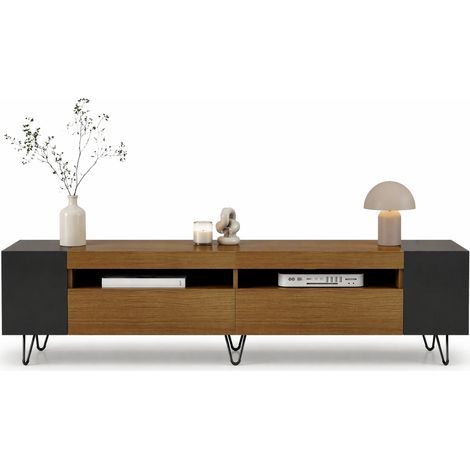 Mobile TV moderno nero e effetto legno, 180 cm, con due ante, vani aperti laterali e passacavi, in MDF e pannello truciolare per soggiorno – CHICFURN (1/5)