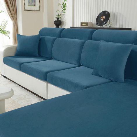 Samt Sitzkissenbezug für Sofa, rutschfest & elastisch, 1-Sitzer, Pfau Blau (1/5)