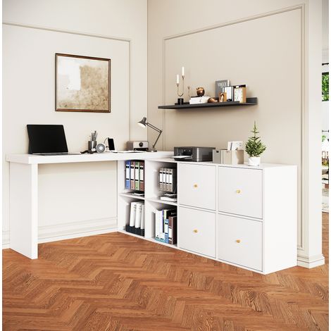 360° drehbarer Eckschreibtisch L- oder Rechtsform, MDF, weiß, 8 Fächer, 4 cm HAVRYA (1/5)