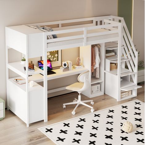 REDOM - Lit mezzanine 90×200 cm bureau, armoire, LED, bois massif et MDF blanc (Sans matelas) (1/5)