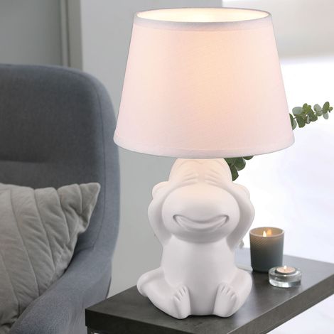 Lampada da tavolo lampada da tavolo luce notturna lampada da comodino, interruttore a cavo design scimmia paralume in tessuto bianco opaco in ceramica, 1x attacco E14, PxH 17x27cm (1/5)