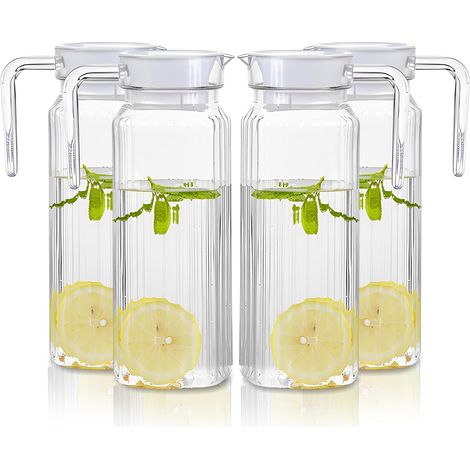 Carafe en verre - Lot de 4 - Verre sans plomb - Couvercle double bec - Pour réfrigérateur et boissons - 1,1 L (1/5)