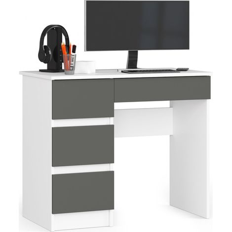 Akord – Bureau enfant gauche A7 blanc 90 cm – 4 tiroirs façade gris graphite – Panneau stratifié – Dimensions 90x50x77 cm