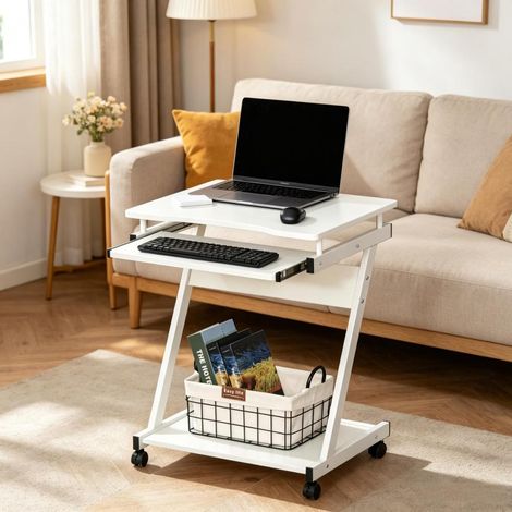 Bureau d'ordinateur mobile sur roulettes avec tiroir clavier et support unité centrale, table informatique compact panneau particules métal pour bureau chambre (1/5)