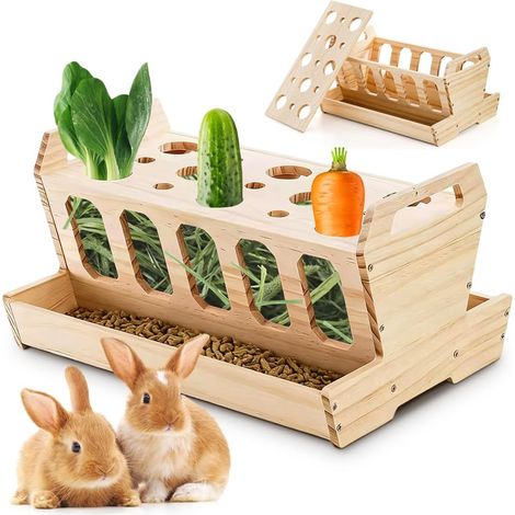 2 in 1 Wooden Hay Rack with Carrot Holder, Fresh Vegetable Hay Feeder, Stable Anti-Spill Stand for Rabbit, Guinea Pig Hamster and Chinchilla, 30 x 20.5 x 18 cm (1/5)