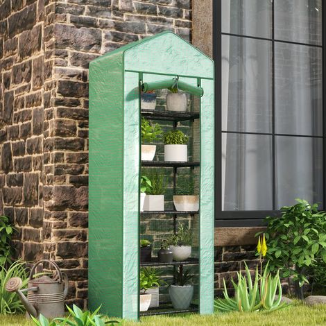 Serre de jardin 69x49x193 cm verte en plastique avec 5 étagères et porte enroulable (1/5)