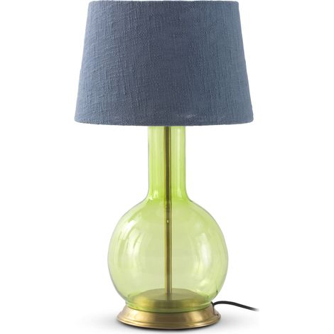 Grüne Glas-Tischlampe mit blauem Baumwollschirm (1/2)
