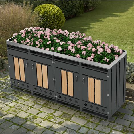 Armario de almacenamiento para cubos de basura de jardín de acero galvanizado gris y efecto madera, 4 compartimentos con jardinera (1/5)
