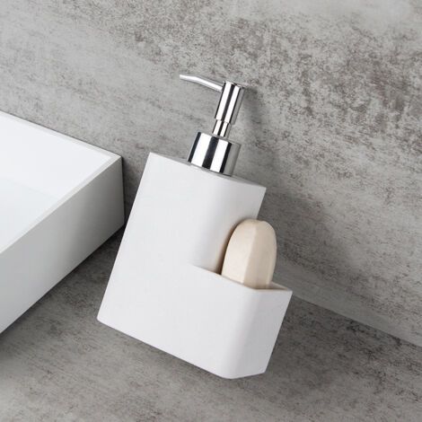 Distributeur de Savon Liquide avec Porte-Éponge Porte-Brosse, Bouteille de Pompe de Distributeur de Savon à Vaisselle Tampon à Récurer pour Cuisine Salle de Bain Évier de Comptoir, Blanc (1/4)