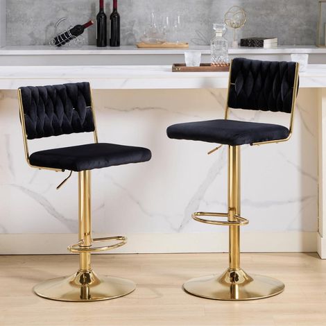 Barhocker 2er Set, drehbar, höhenverstellbar, mit geflochtener Lehne, Samt, Schwarz (1/5)