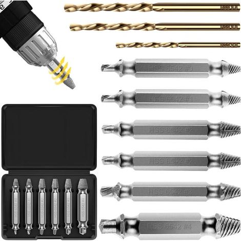 Set di 9 estrattori per viti con 3 punte da trapano, kit estrattore per viti rotte HSS 6542, strumenti per riparazioni fai da te, estrattori con azionamento a sinistra, durezza HRC 63 (1/5)