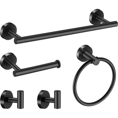 Questo set di accessori da bagno neri comprende un portasciugamani da 40 cm, anelli portasciugamani, un portarotolo di carta assorbente e due ganci portasciugamani. (1/5)