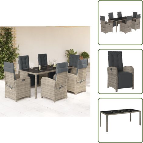 Chaise en résine - vidaXL Ensemble à manger de jardin et coussins 7 pcs gris rotin - Table en verre (1/5)