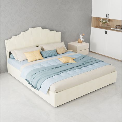 Cama tapizada (200x160x133 cm), cabecero geométrico, base de láminas, tejido y metal beige (1/5)