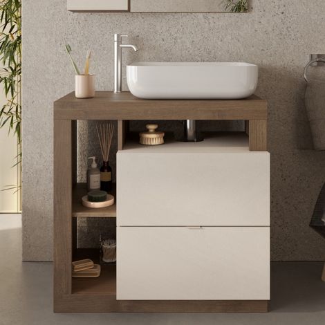 Meuble salle de bain coloris noyer et blanc + vasque L 80cm GAMA (1/5)