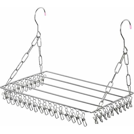 Sock Drying Rack, Sock Dryer, Hanging Clothes Drying Rack with 36 Stainless Steel Windproof Pegs for Socks, Underwear, Clothes, Towels (Silver)