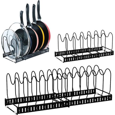 Organiseur de Casseroles Extensible 2 Pièces, Porte-Poêles et Range-Couvercles avec 20 Séparateurs Réglables, Support de Rangement pour Placard de Cuisine, Tiroir, Plan de Travail, Noir (1/5)