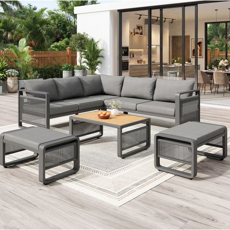 Tumbonas de jardín modulares de metal y cuerda gris para 6-7 plazas con mesa, cojines gruesos y patas ajustables (1/5)