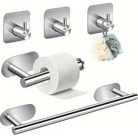 Ensemble de cinq porte-papier toilette à crochet carré, sans perçage, auto-adhésif, en acier inoxydable, mural, convient aux salles de bains, cuisines et salons (sans perçage, argenté). (1/5)