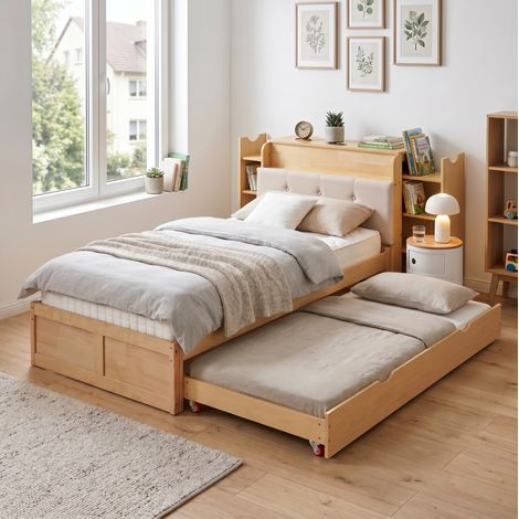 Lit multifonction scandinave 90 x 200 cm marron avec lit gigogne, rangements et USB (1/5)