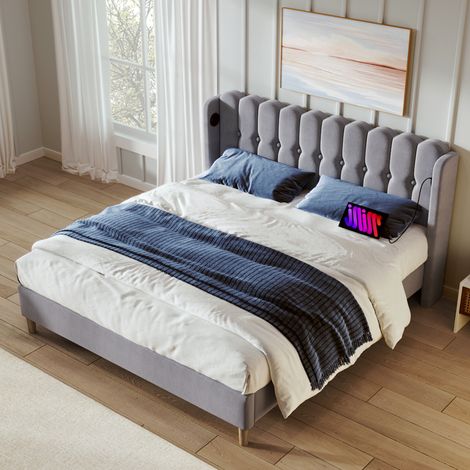 Cama matrimonio tapizada con USB y USB-C 160x200 OKMYHOME (1/5)