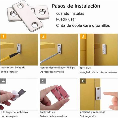 Lot de 14 loquets magnétiques en acier laminé à froid, sans perçage, pour portes et tiroirs de placards. (1/5)
