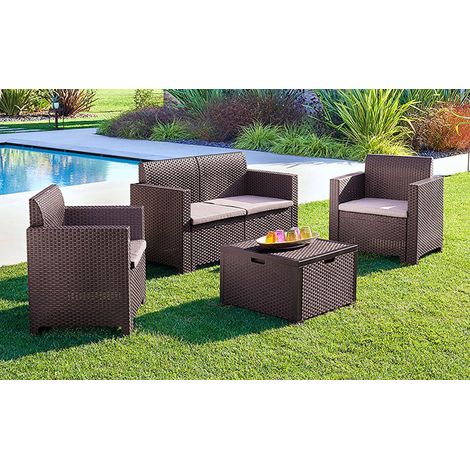 Bica – Ensemble salon de jardin 4 places en polypropylène effet rotin – Table basse 64x64cm – Résistant aux intempéries – Coussins inclus (1/7)