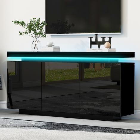 Buffet de rangement LED, meuble bas 2 portes 3 tiroirs, finition haute brillance, panneaux de particules, 140×35×72,5 cm, noir (1/5)