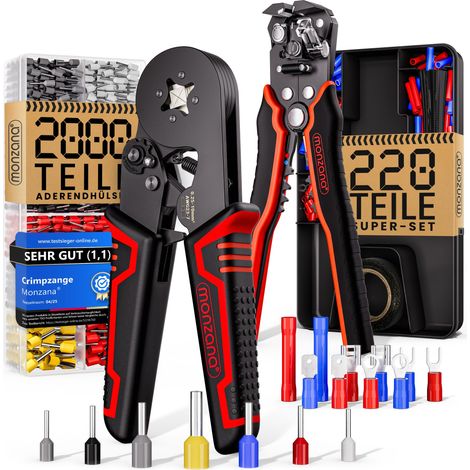 MONZANA® Crimpzange Vierkant 0,25-10mm² 2000tlg. Abisolierzange 3in1 Set 220-teilig Zubehör Box 0,2-6mm² Aderendhülsen Set Tasche Aderendhülsenzange