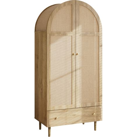 Armoire avec tiroirs et portes en tissu lin finition chêne, grand espace de rangement, meuble de chambre moderne (1/5)