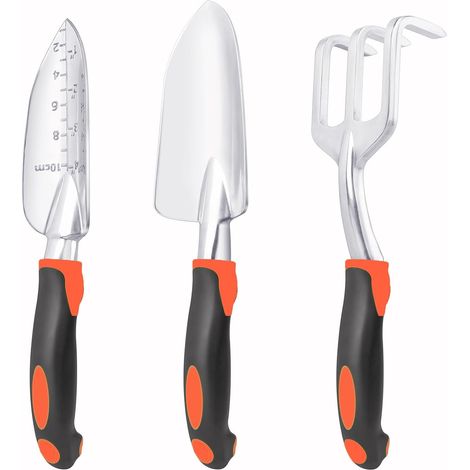 Set di 3 attrezzi da giardino resistenti, include vanga da giardino, vanga da trapianto e rastrello a mano con prato in alluminio per piantare, arancione (1/5)