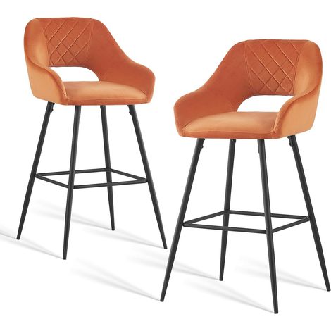 AINPECCA 2pcs Orange Bar Stool Velvet Seat w/Backrest &Armrest Metal Leg Kitchen Breakfast