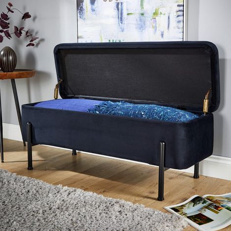 Storage Ottoman Velvet Black Metal Legs Compact Space Saving Seat Home Furniture (1/5)