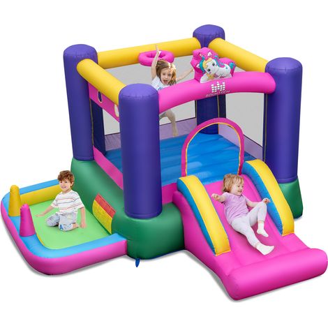 Aire de Jeux 6-en-1 pour Enfants avec Toboggan, Bassin à Balles, Zone de Saut, Panier de Basketball, Jeu de Cerceaux et de Lancer (1/5)