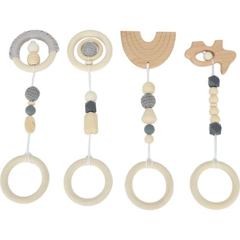 4-teiliges Kinderwagen-Anhänger-Spielzeug, Baby-Spielcenter aus Holz, Hängespielzeug für Kleinkinder und Babys, Grau (1/5)