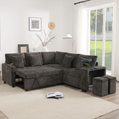 Canapé D'Angle Modulaire 220x205cm - 5-7 Places avec Chaiselongue Réversible - Rangement Caché et Ottoman Intégré - Beige (1/5)