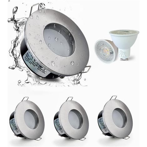 Set de 4 Spots Encastrés LED IP65 étanches, 5W 3000K Blanc Chaud Spot Encastré Pour salle de bain et cuisine éclairage Encastrable au Plafond coupe 68mm Nickel Satiné -Boîtier de lampe argenté (1/5)