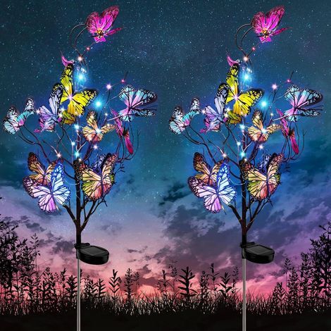 2 x Solar Garden Lights, IP65 Waterproof Butterfly Garden Lights, Outdoor Garden Decoration, Decorative Garden Lamp for Pathway, Patio, Decoration (1/5)
