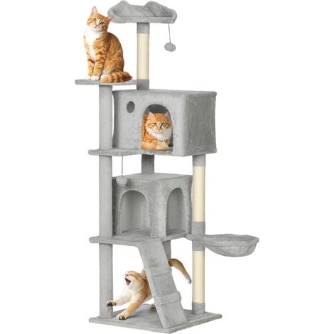 Arbre à chat de 160 cm, plusieurs niveaux, griffoirs en sisal, grottes, plateformes moelleuses, hamac, échelle, balles de jeu (1/5)