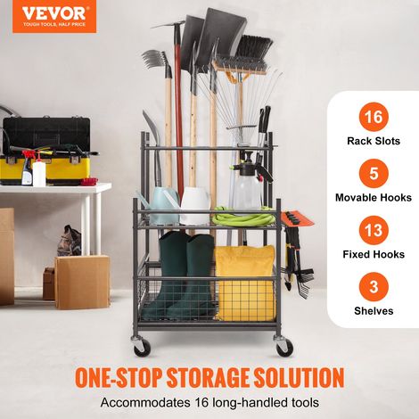 Support Range Outils de Jardin 16 Emplacements avec Crochets Porte-outils de Garage en Métal sur Roulettes pour Organisation et Stockage Abri Extérieur des Outils, Râteaux, Balais à Long Manche (1/5)