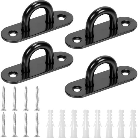 Lot de 4 crochets ovales M8 en acier inoxydable 304 noir avec vis et ancrages en plastique, crochets de quincaillerie marine, crochets de plafond en U pour sécuriser la suspension