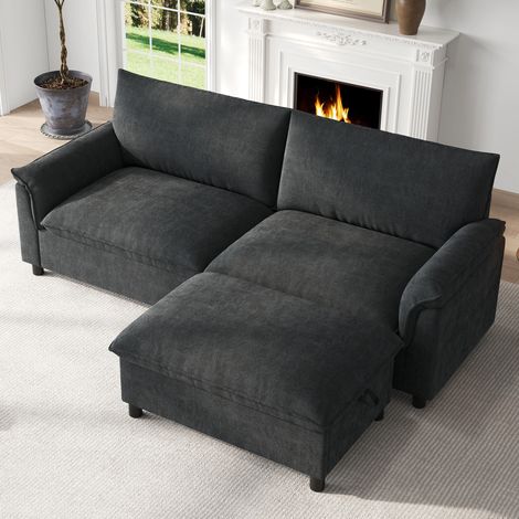 Canapé d’Angle Modulable Noir –3 Places- Assise nuage– Avec repose-pieds mobile et rangement caché – Tissu chenille- 216×82×77 cm (1/5)