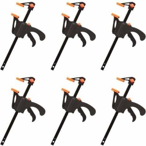 Lot de 6 serre-joints en forme de F – Serrage rapide jusqu'à 10 cm – Construction solide avec coussin antidérapant – Outils pour menuiserie - 4pouces