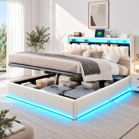 Lit coffre 160x200 cm beige avec sommier à lattes, lit double rembourrée avec rangement hydraulique, tête de lit avec rangement, LED et USB, velours (1/5)