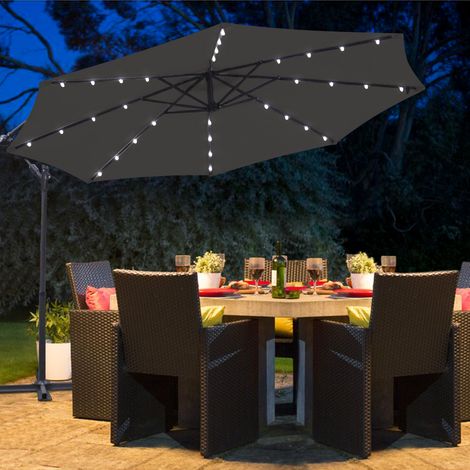 3M LED Garden Banana Parasol Patio Hanging Umbrella Sun Shade Cantilever Black