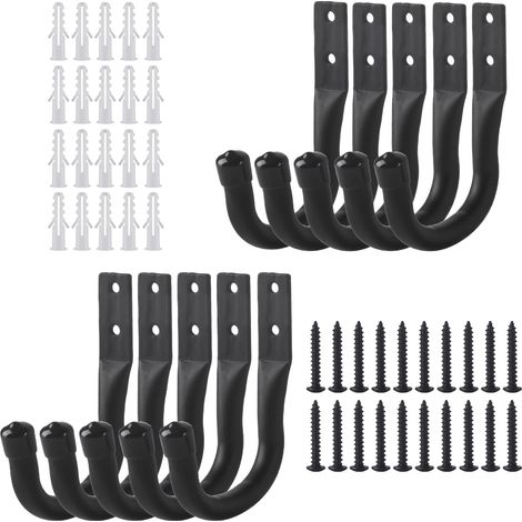 10 Pcs Crochet Mural Garage, Support Velo Mural Noirs, Accroche Velo Mural, Crochets de Rangement pour échelle de Garage, Crochets en J, Crochets Muraux Robustes pour Garage Vélos Outils électriques (1/5)