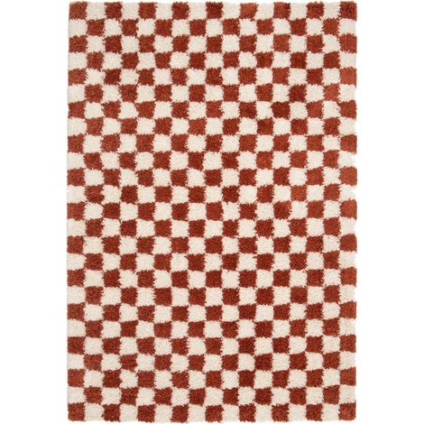 BOBOCHIC - Tapis poils longs DAMIEN motifs damier 200x290 Orange (1/5)