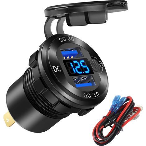 Chargeur allume-cigare double USB 12 V/24 V Quick Charge 3.0 avec voltmètre bleu, étanche, en aluminium, pour voiture, bateau, moto, camping-car, golf. Kit de montage facile. Compatible avec voitures,