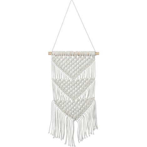 Relaxdays Makramee Wandbehang, handgefertigt, Boho Style, Wanddeko, H x B: 70 x 25,5 cm, Baumwolle & Holz, creme