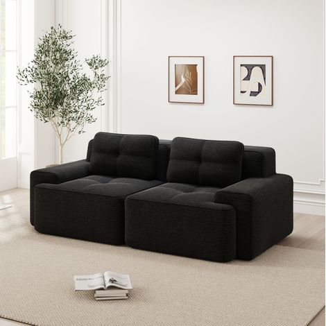 Sofá modular negro de pana con asiento profundo de 74 cm, espuma 32D, diseño sin estructura y base antideslizante